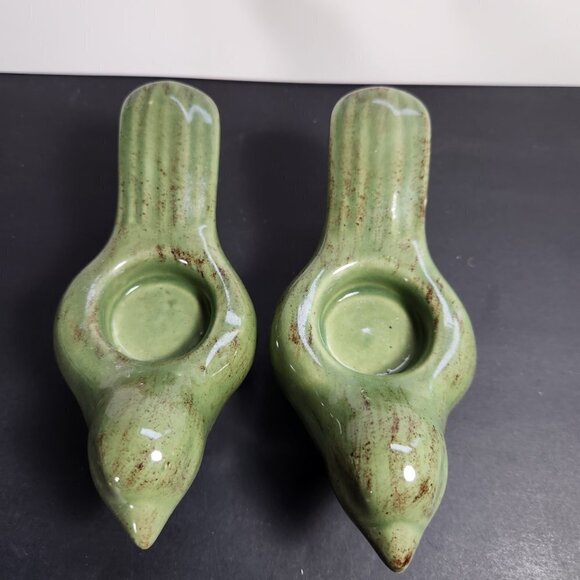 Ceramic Bird Candle Holder Tea Light Jade Green with Flecks of Brown Set Of 2 - Picture 5 of 9